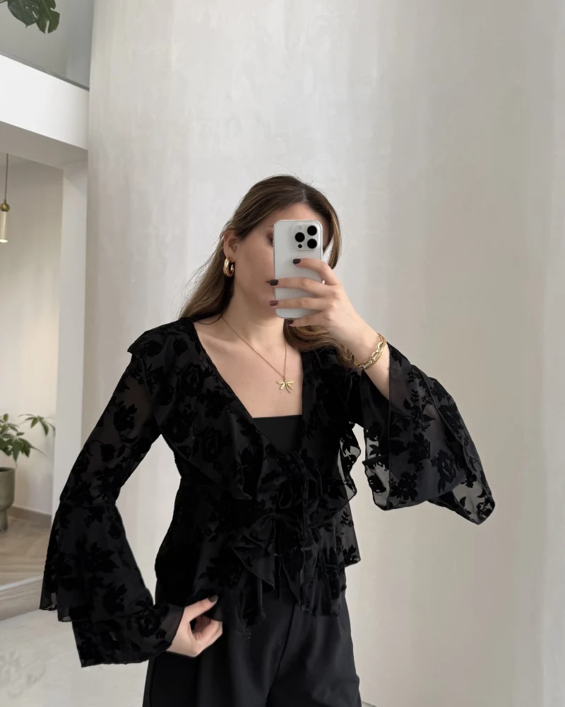 Peaches İçi Askılı Body Dokulu Fırfırlı Bağlamalı Bluz - Siyah - Kod: 0908