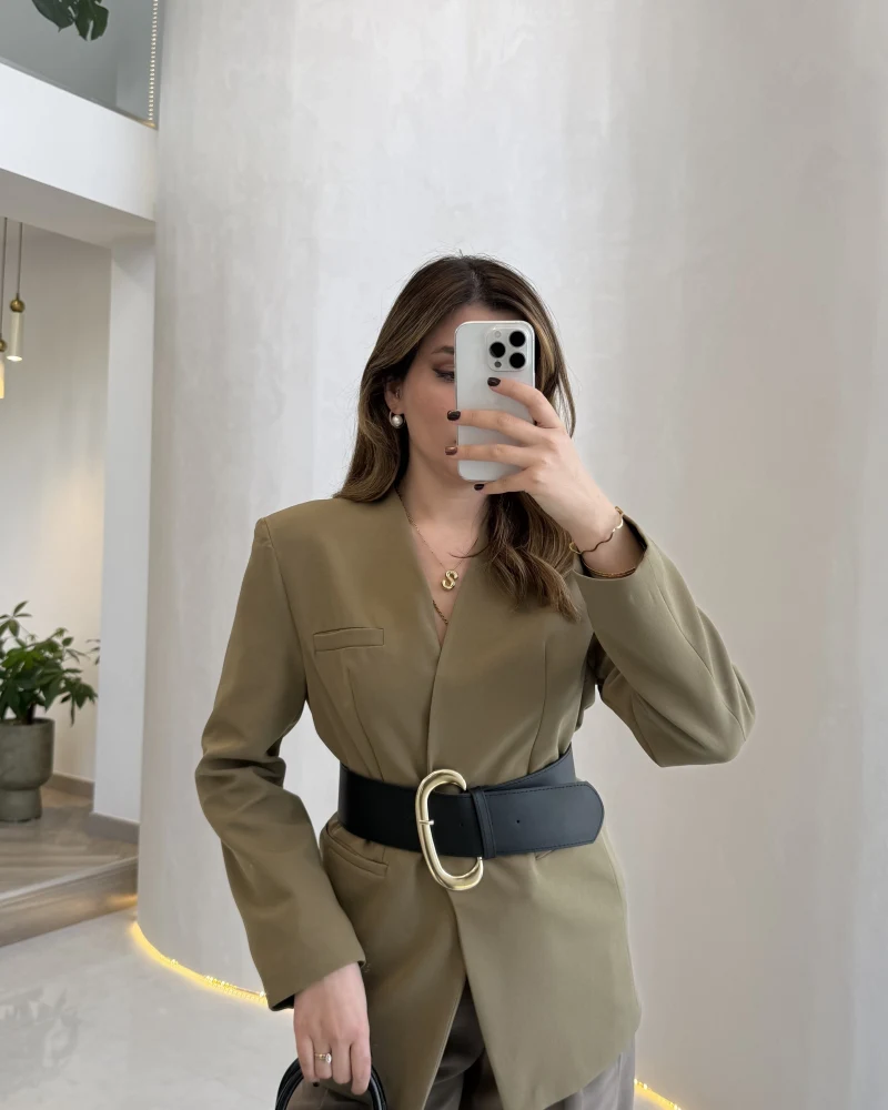 Geniş Kemerli Blazer Ceket - Haki - Kod: 0337