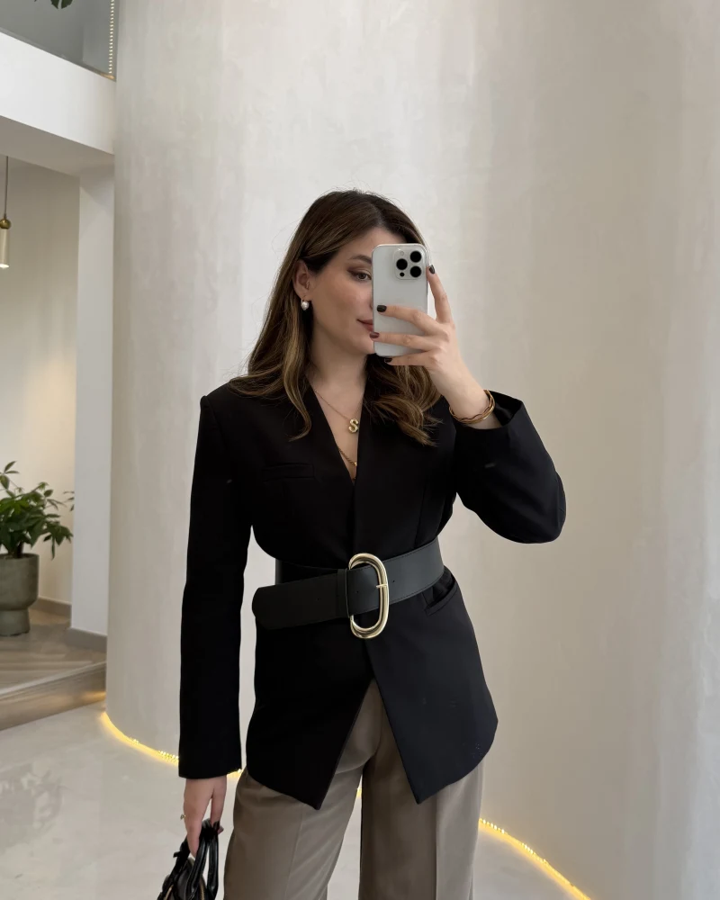 Geniş Kemerli Blazer Ceket - Siyah - Kod: 0337