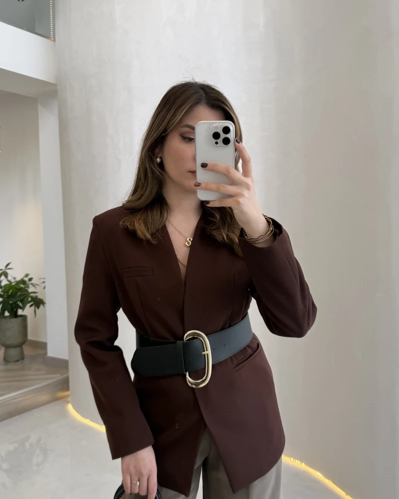Geniş Kemerli Blazer Ceket - Kahverengi - Kod: 0337