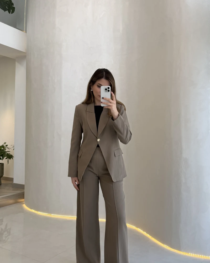 Lissome Gold Düğmeli Vatkalı Ceket-Pantolon Takım - Haki - Kod: 9031