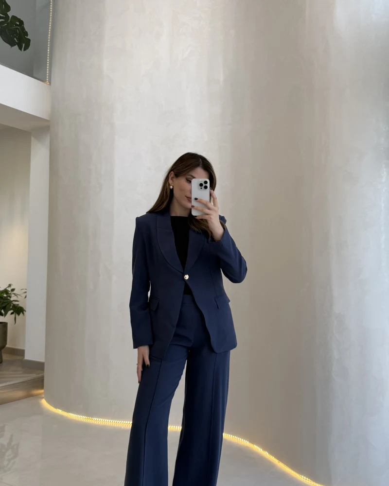 Lissome Gold Düğmeli Vatkalı Ceket-Pantolon Takım - Lacivert - Kod: 9031