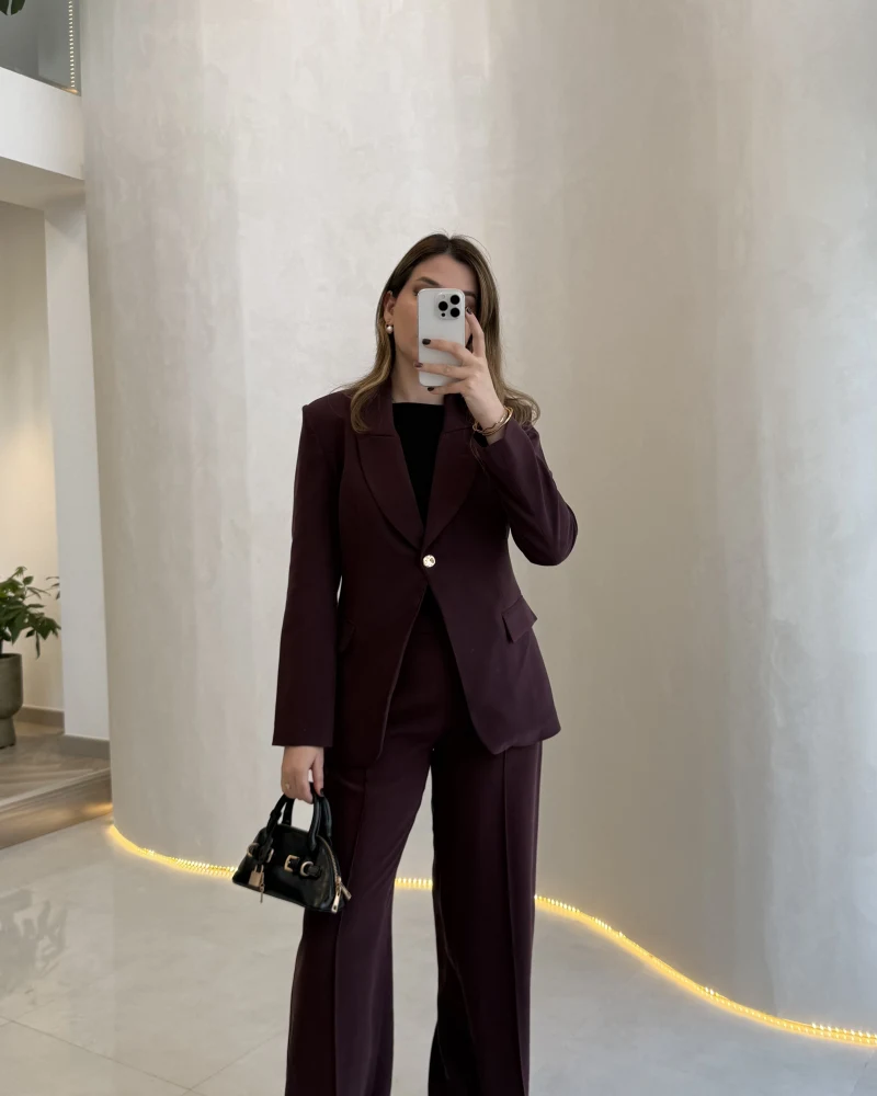 Lissome Gold Düğmeli Vatkalı Ceket-Pantolon Takım - Mürdüm - Kod: 9031