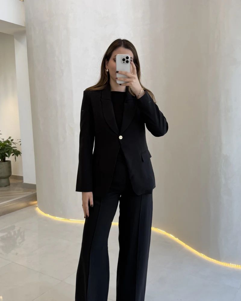 Lissome Gold Düğmeli Vatkalı Ceket-Pantolon Takım - Siyah - Kod: 9031