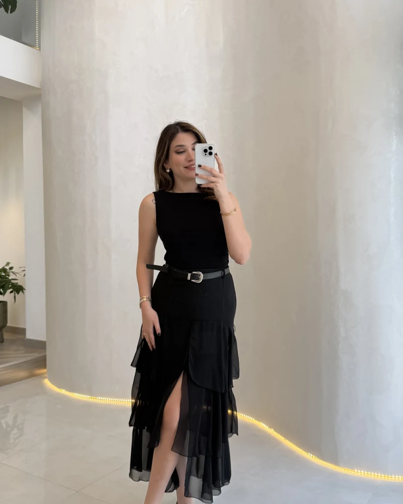 Gossamer Kemerli Yırtmaçlı Şifon Etek - Siyah - Kod: 1557