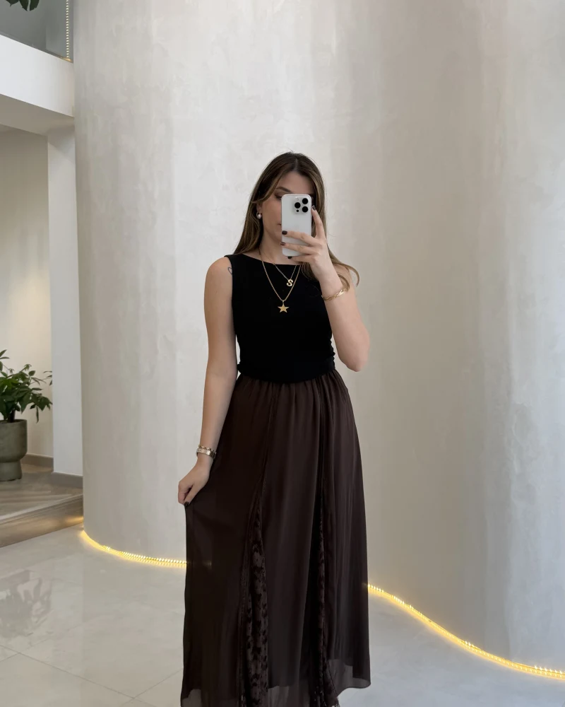 Finesse Astralı Dantel Detay Şifon Etek - Kahverengi - Kod: 3371