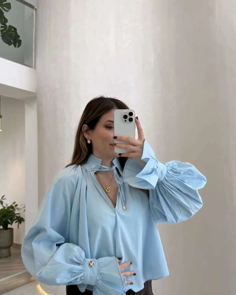 Soleil Bilek Detay Balon Kol Bluz - Mavi - Kod: 112254