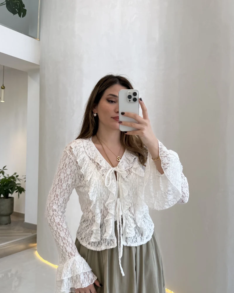 Harmony Fırfırlı Bağlamalı Dantel Bluz - Ekru - Kod: 1068