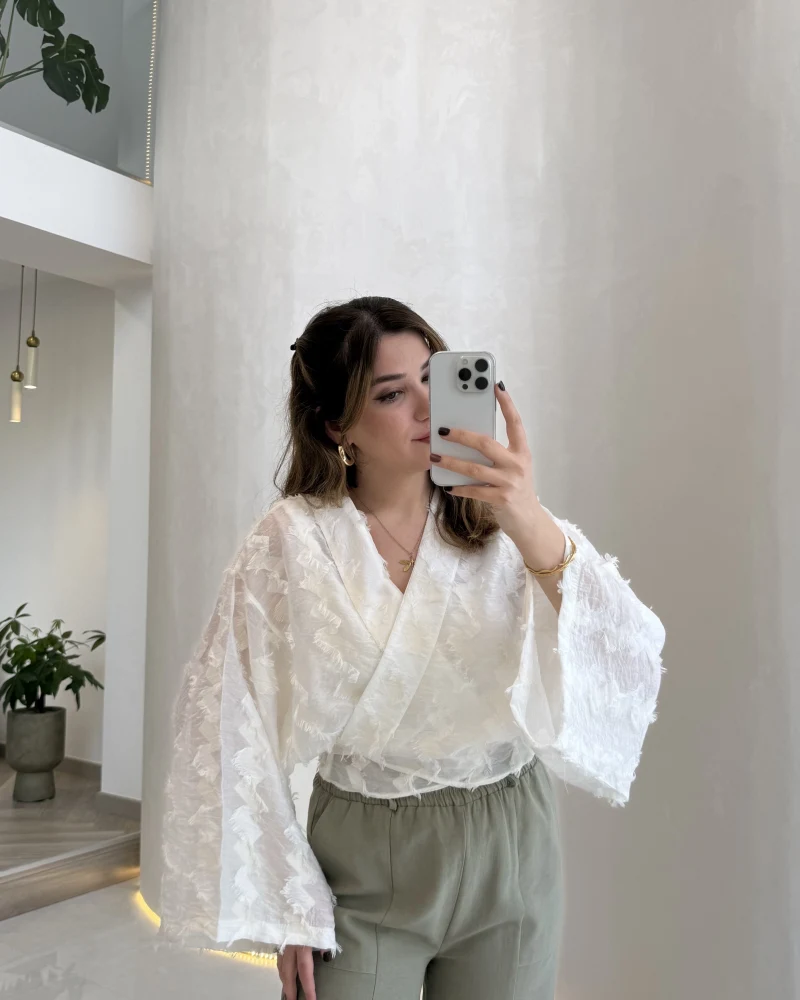 Nila Bağlamalı Püsküllü Kimono - Ekru - Kod: 7048