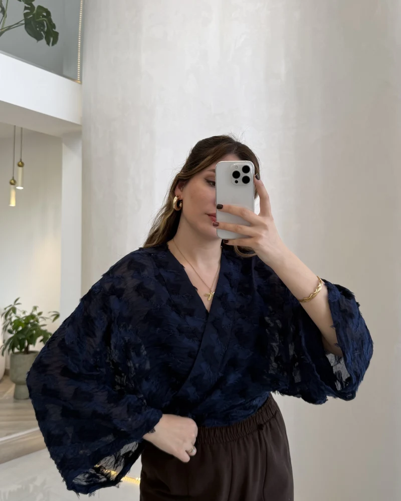 Nila Bağlamalı Püsküllü Kimono - Lacivert - Kod: 7048