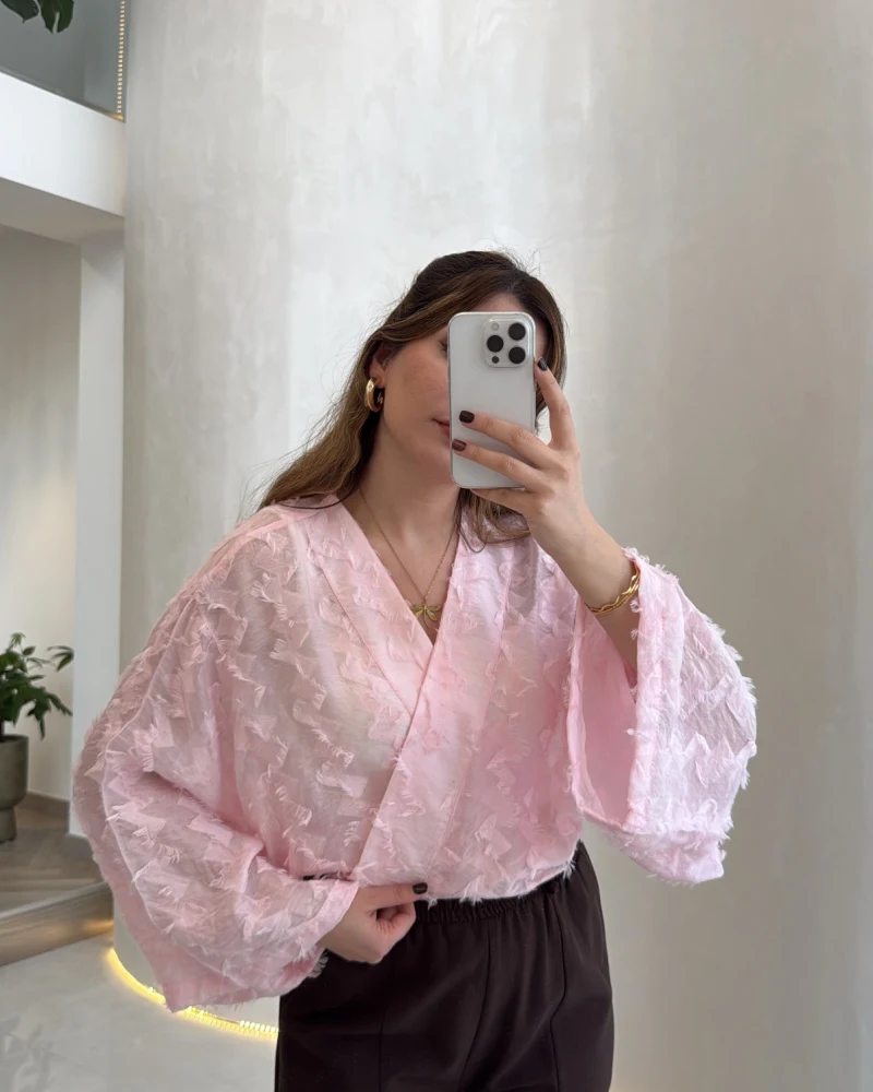 Nila Bağlamalı Püsküllü Kimono - Pembe - Kod: 7048