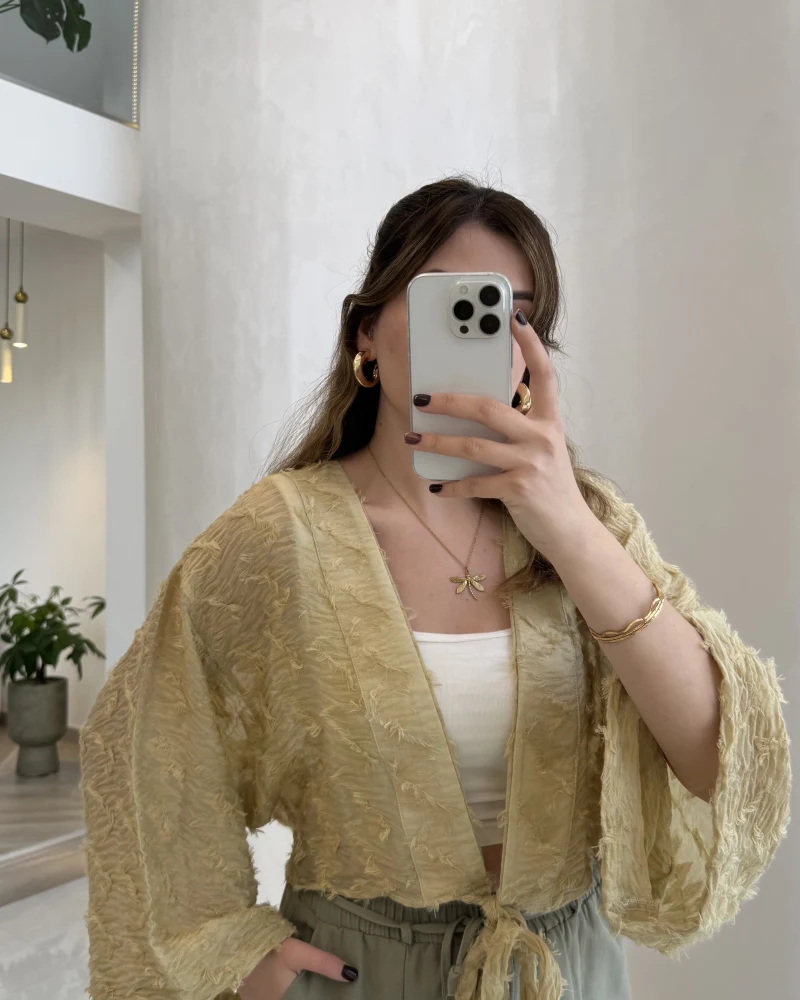 Nila Bağlamalı Püsküllü Kimono - Yeşil - Kod: 7048