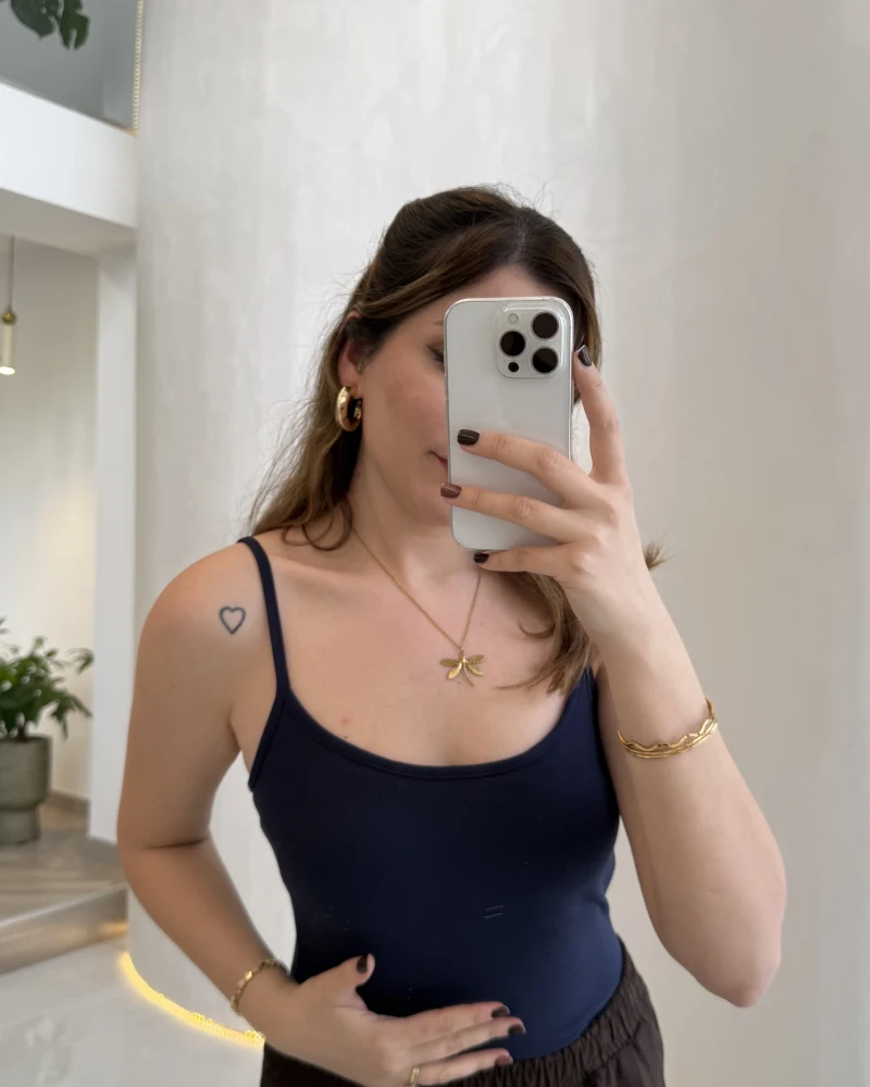 Uzun Göğüs Pedli İnce Askılı Body - Lacivert