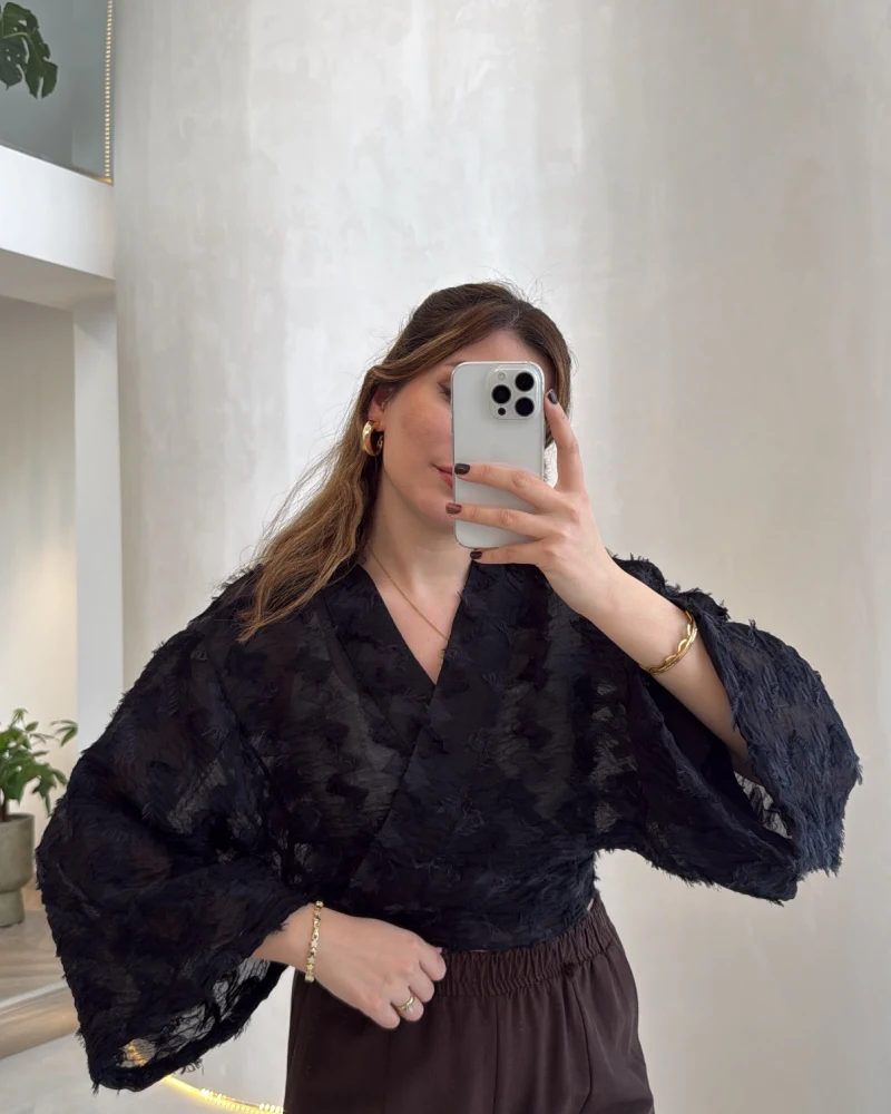 Nila Bağlamalı Püsküllü Kimono - Siyah - Kod: 7048