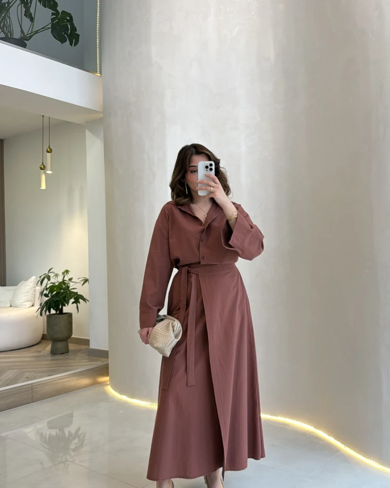 Elegant Yandan Bağlamalı Etek Gömlek Takım - Kiremit - Kod: 8973