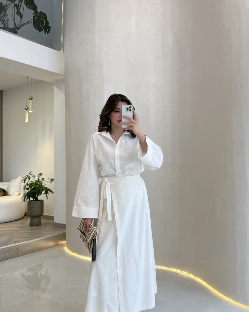 Elegant Yandan Bağlamalı Etek Gömlek Takım - Beyaz - Kod: 8973