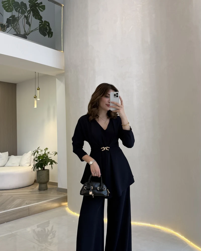 Beli Toka Detaylı Bluz Pantolon Takım - Lacivert - Kod: 9399