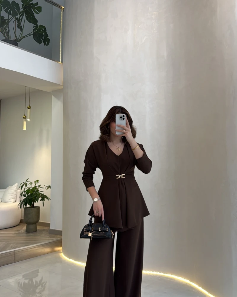 Beli Toka Detaylı Bluz Pantolon Takım - Kahverengi - Kod: 9399