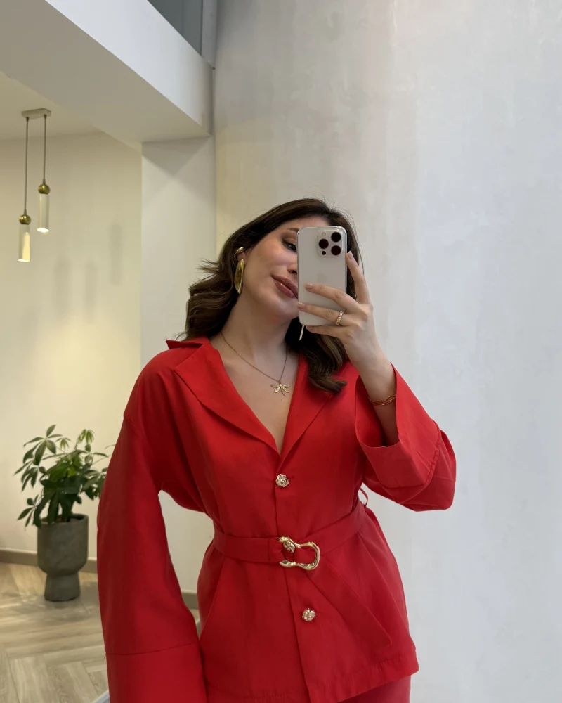 Toka Detay Kemerli Tunik Takım - Kırmızı - Kod: 8927