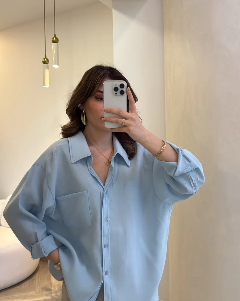 Düşük Omuzlu Modal Gömlek - Açık Mavi - Kod:5050