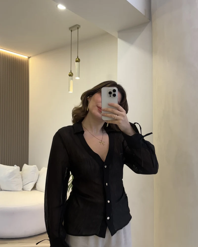 Merely Beli Büzgü Detayı Gömlek - Siyah - Kod:123