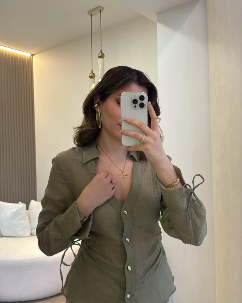 Merely Beli Büzgü Detayı Gömlek - Yeşil - Kod:123