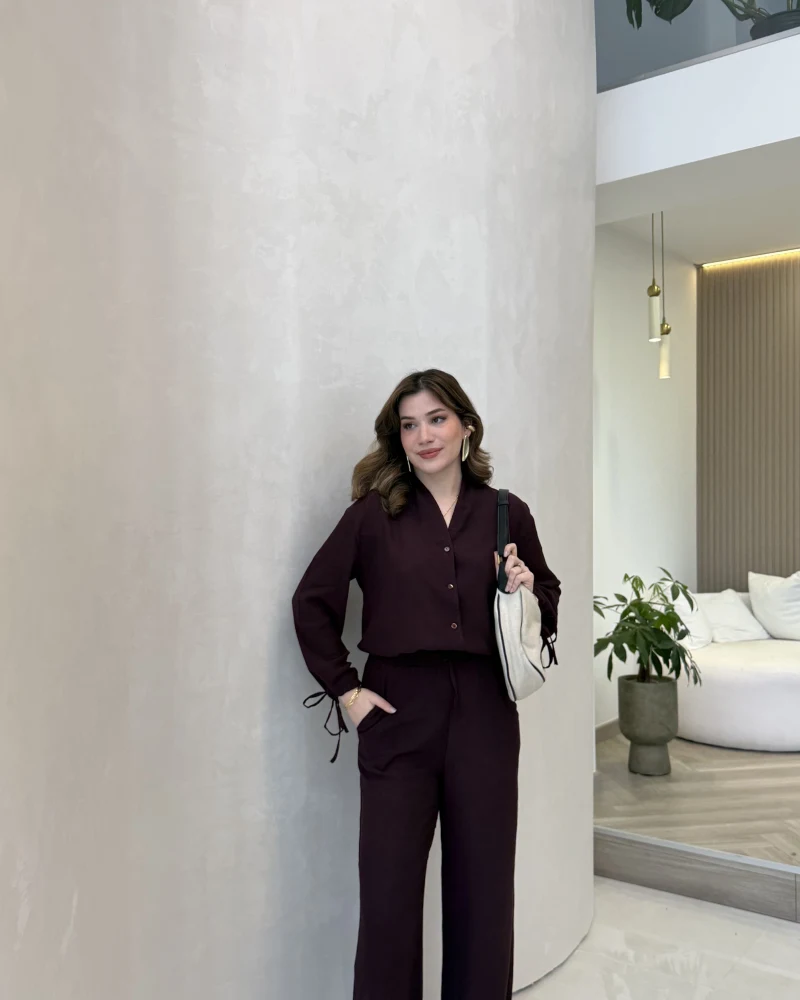 Library V Yaka Bilek Detaylı Gömlek Takım - Mürdüm - Kod: 9050