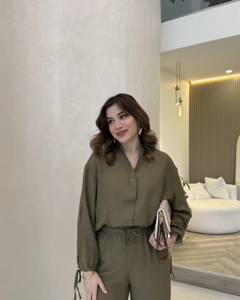 Library V Yaka Bilek Detaylı Gömlek Takım - Haki - Kod: 9050