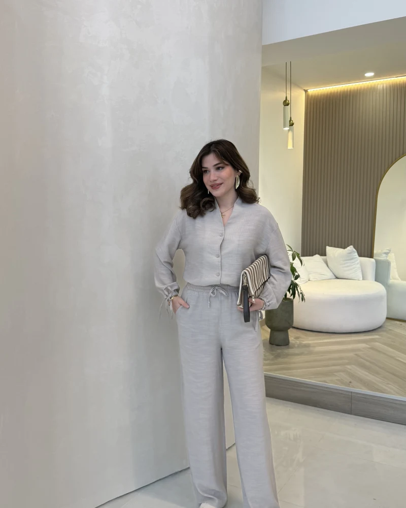 Library V Yaka Bilek Detaylı Gömlek Takım - Taş - Kod: 9050