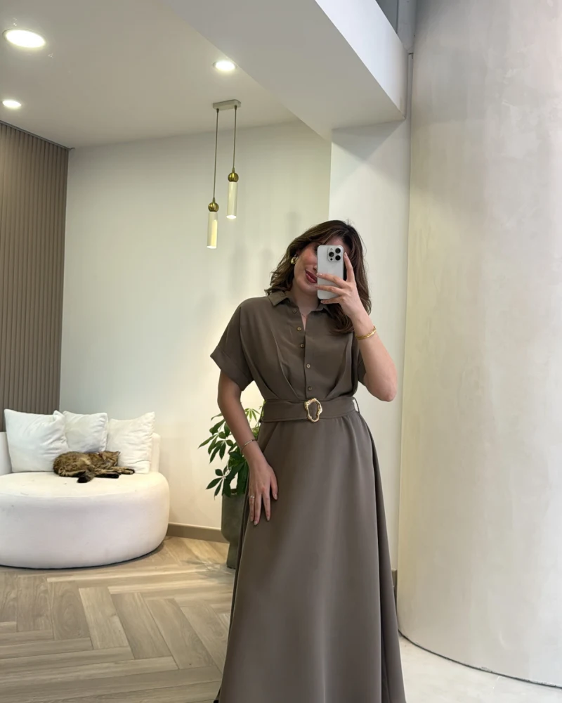 Kemer Detay Düğmeli Kısa Kol Elbise - Haki - Kod: 2376