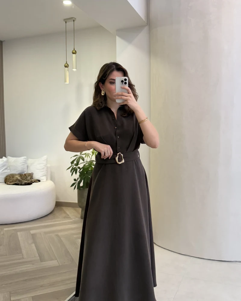 Kemer Detay Düğmeli Kısa Kol Elbise - Kahve - Kod: 2376