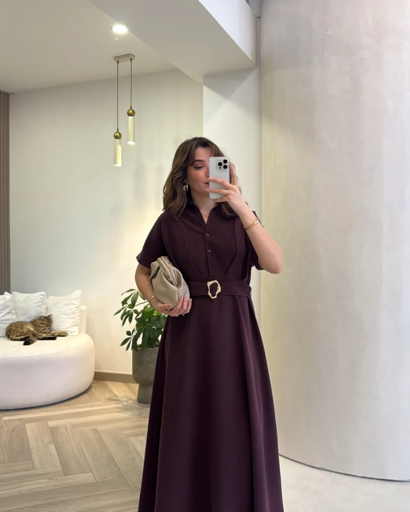 Kemer Detay Düğmeli Kısa Kol Elbise - Mürdüm - Kod: 2376