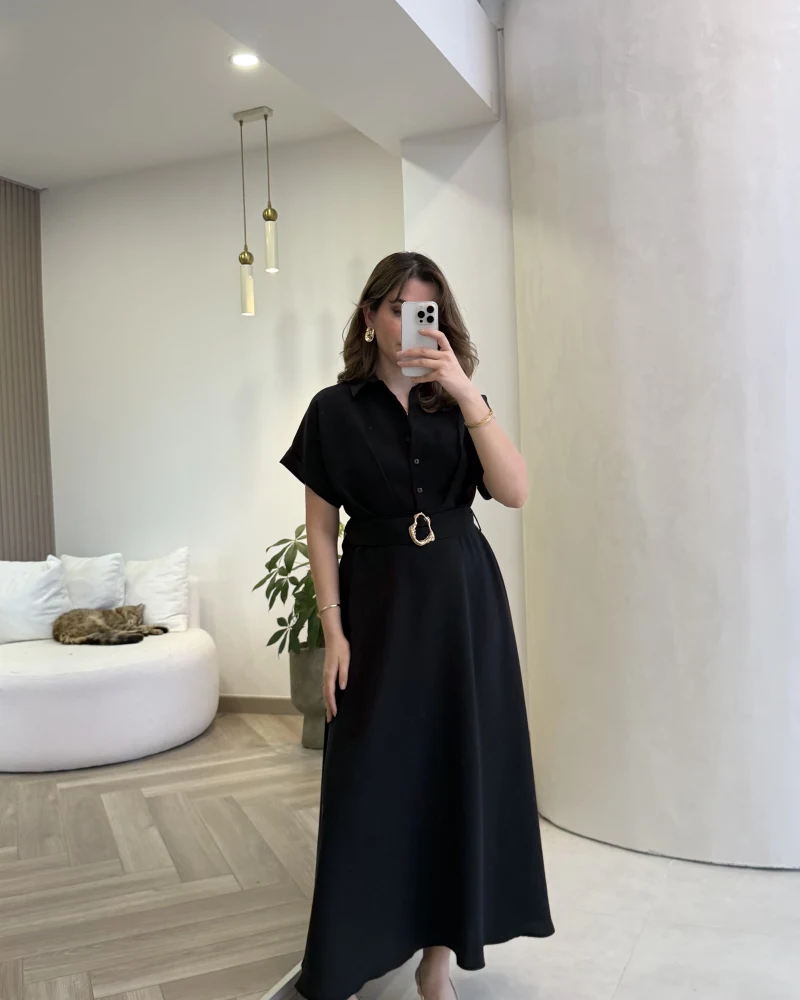 Kemer Detay Düğmeli Kısa Kol Elbise - Siyah - Kod: 2376