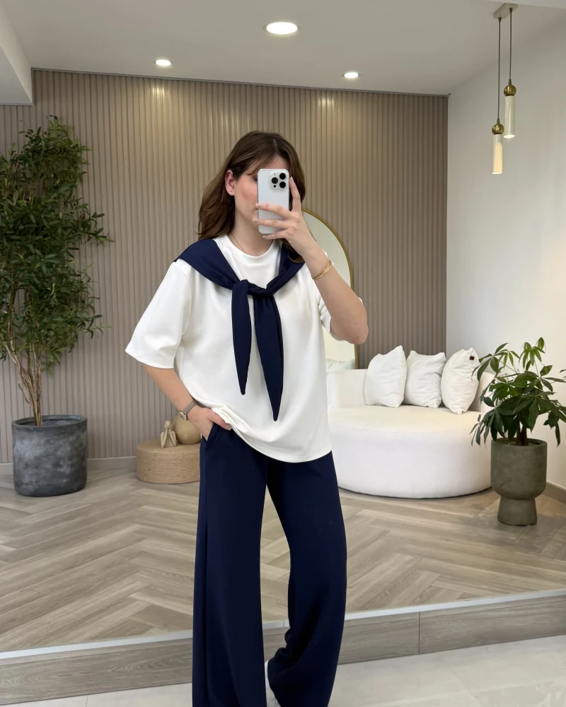 Fular Detaylı Modal T-shirt Eşofman Takım - Lacivert - Kod: 4116