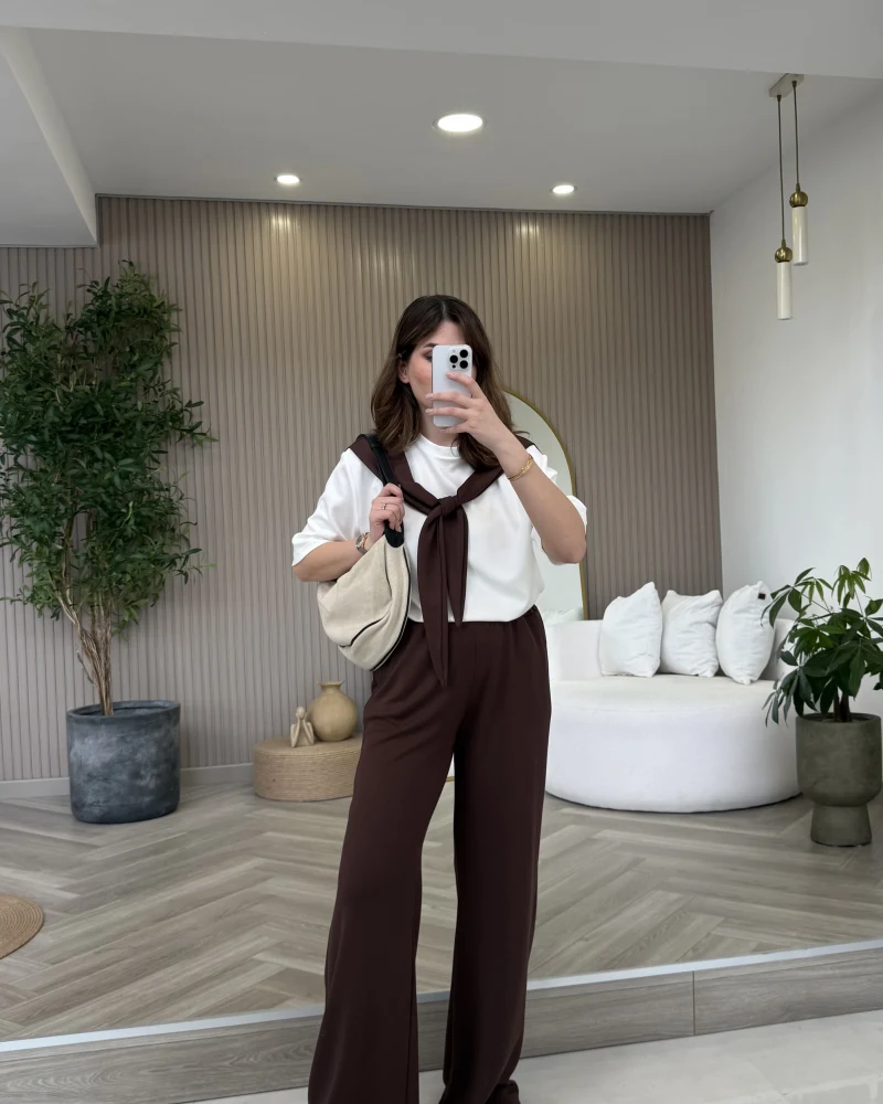 Fular Detaylı Modal T-shirt Eşofman Takım - Kahverengi - Kod: 4116