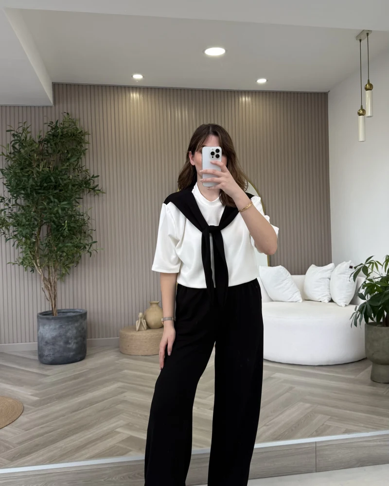 Fular Detaylı Modal T-shirt Eşofman Takım - Siyah - Kod: 4116