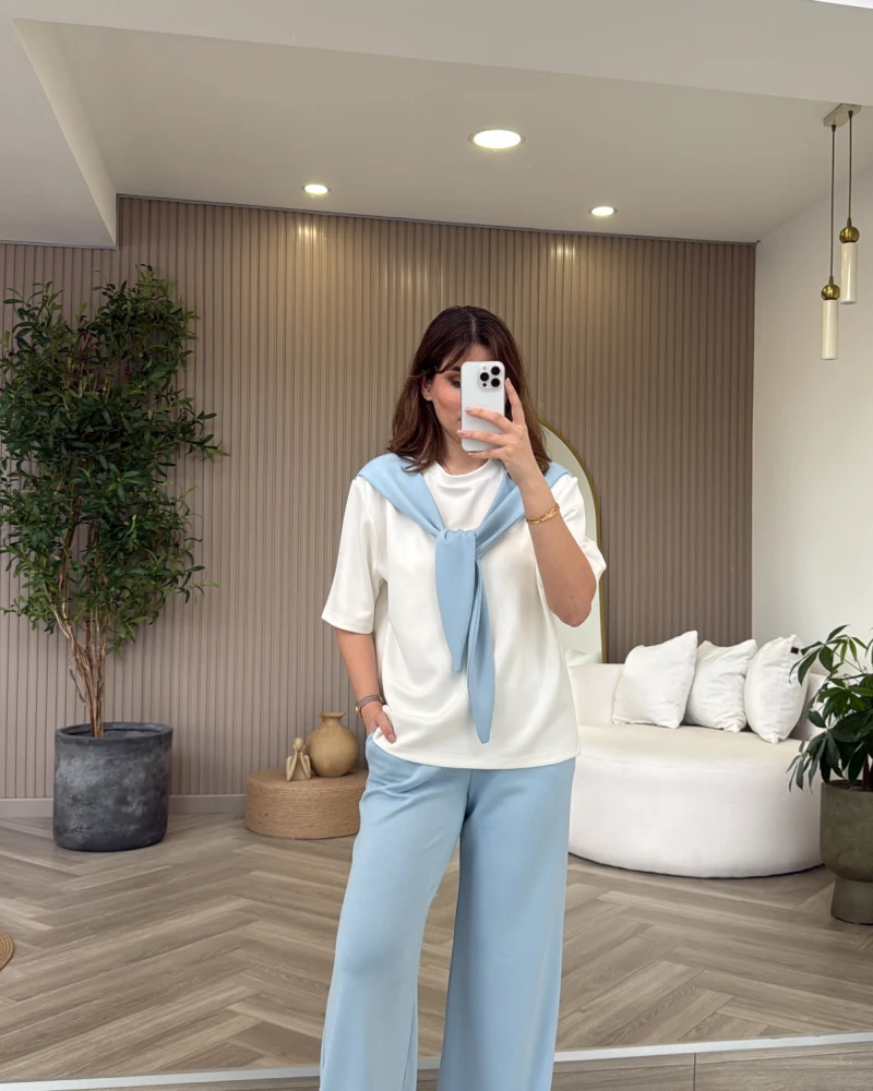 Fular Detaylı Modal T-shirt Eşofman Takım - Mavi - Kod: 4116