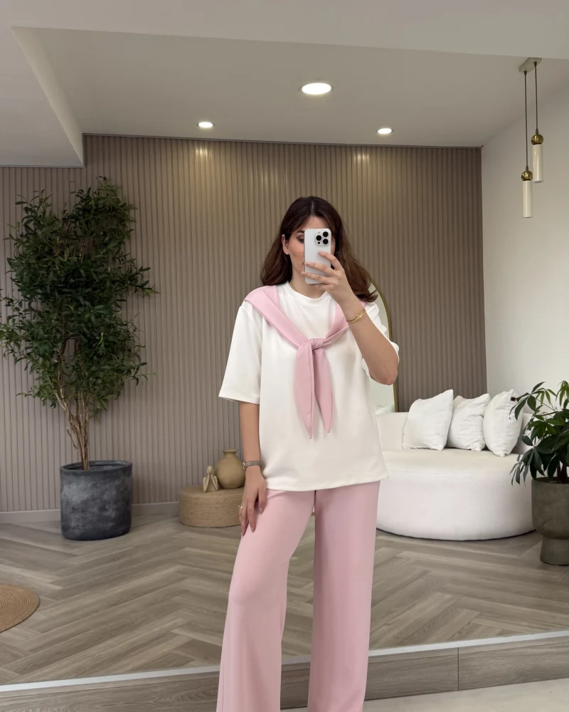 Fular Detaylı Modal T-shirt Eşofman Takım - Pembe - Kod: 4116