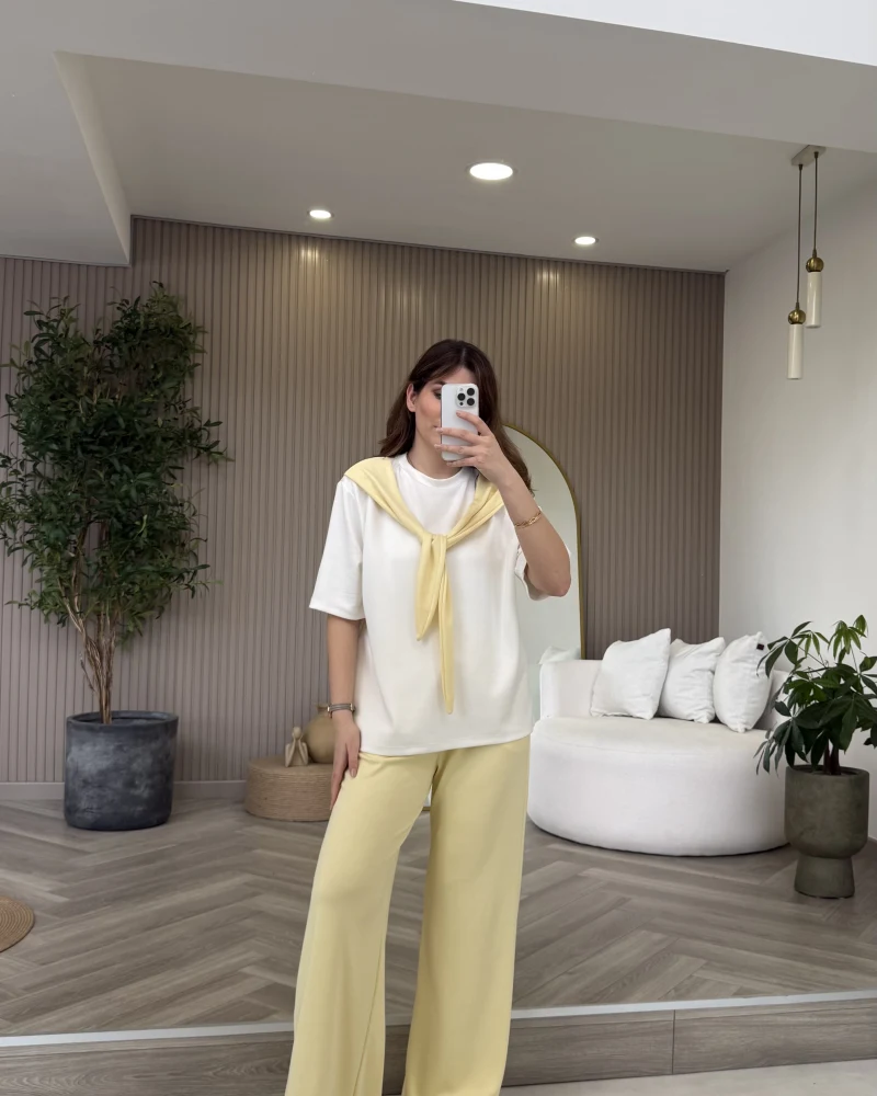 Fular Detaylı Modal T-shirt Eşofman Takım - Sarı - Kod: 4116