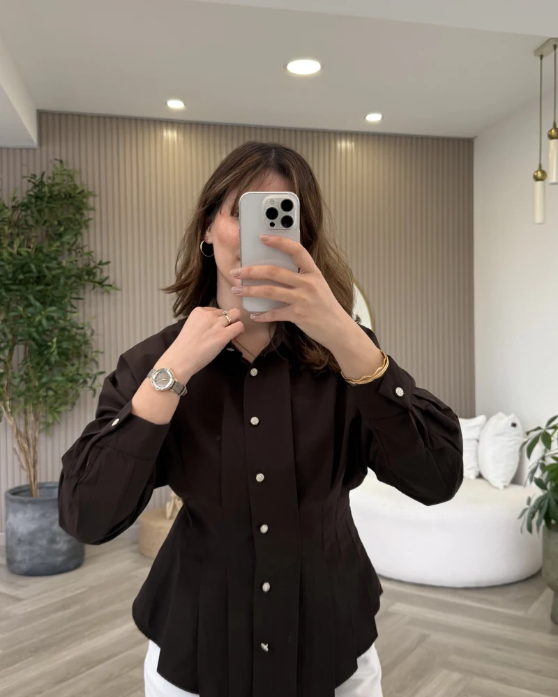 Taş Düğme Detaylı Beli Pileli Gömlek - Acı Kahve - Kod: 2247