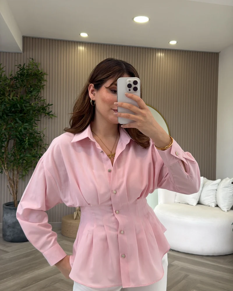 Taş Düğme Detaylı Beli Pileli Gömlek - Pembe - Kod: 2247