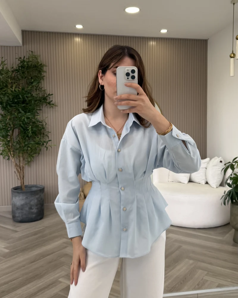 Taş Düğme Detaylı Beli Pileli Gömlek - Mavi - Kod: 2247