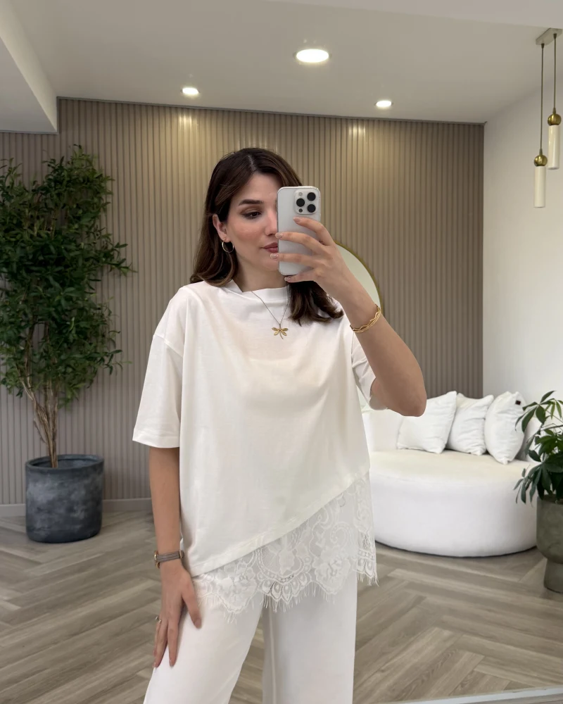 Dyla Dantel Detay Kısa Kol T-shirt - Ekru