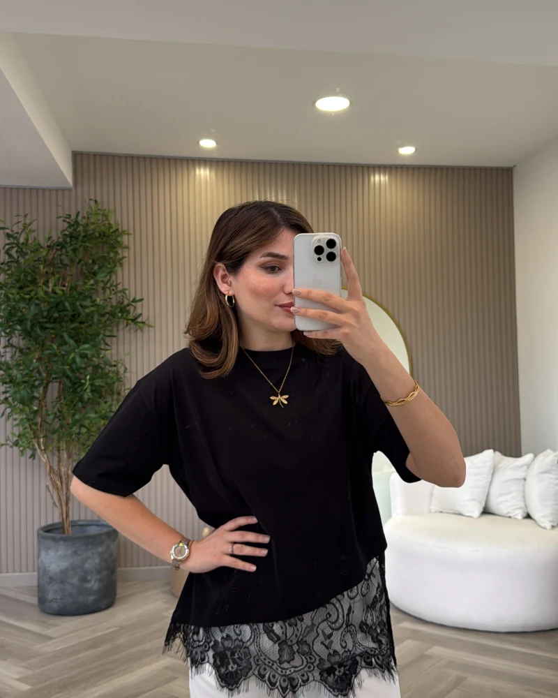 Dyla Dantel Detay Kısa Kol T-shirt - Siyah