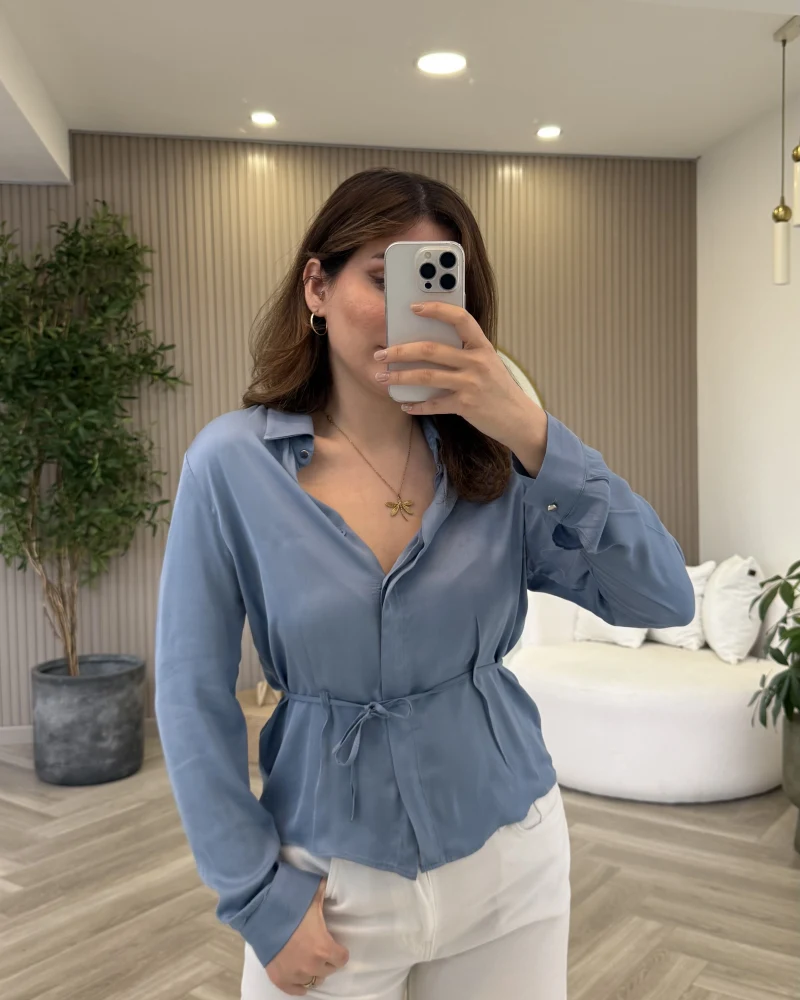 Bağcıklı Dökümlü Gömlek - Mavi - Kod: 124