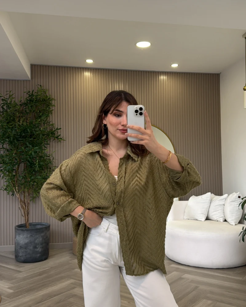 Geraldine Püsküllü İnce Uzun Gömlek - Haki - Kod: 2252