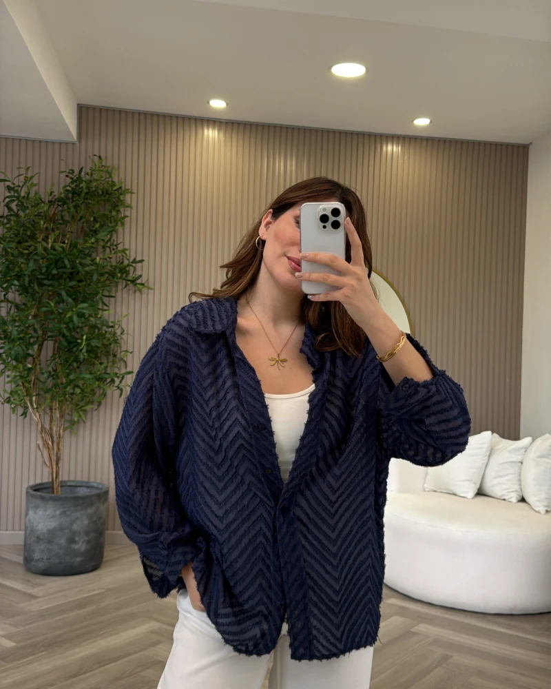 Geraldine Püsküllü İnce Uzun Gömlek - Lacivert - Kod: 2252