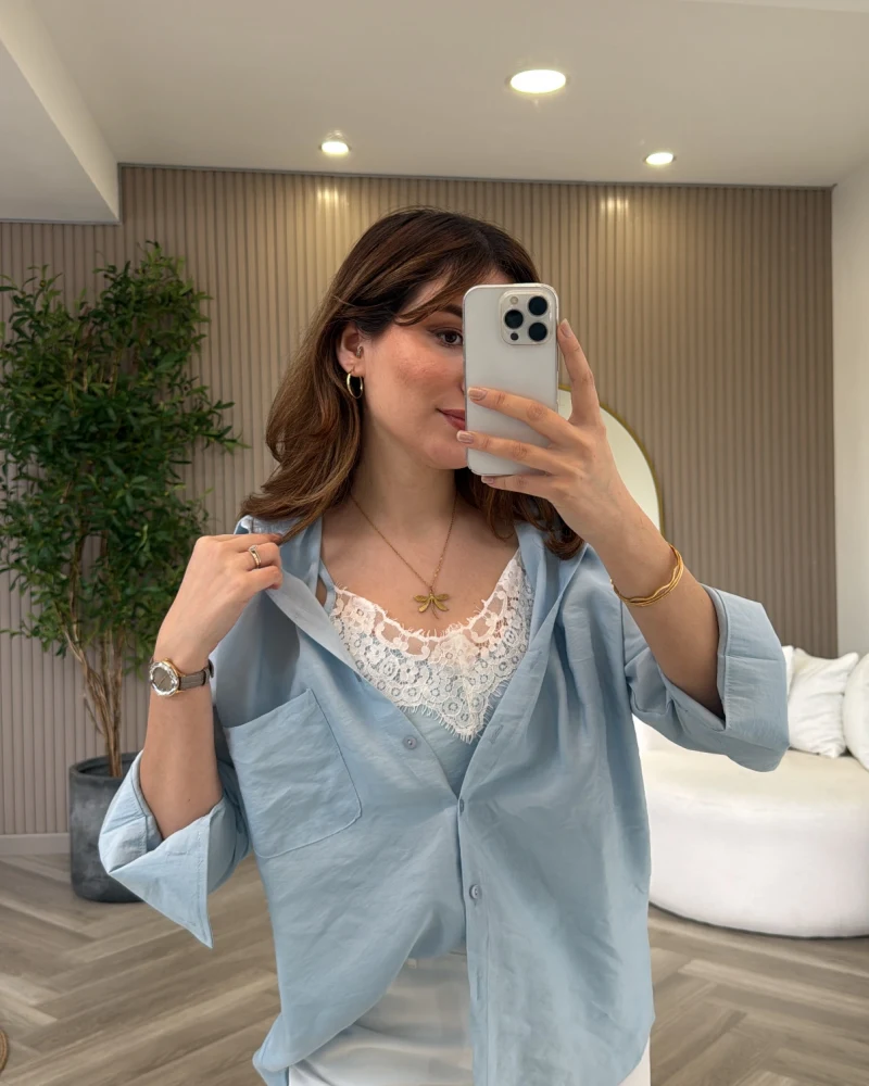 İçi Askılı Dantel Detaylı Gömlek - Mavi - Kod: 2209