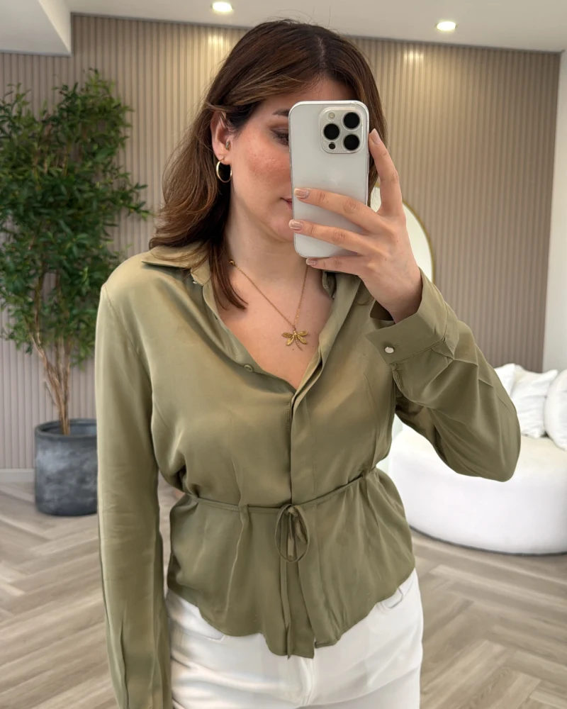 Bağcıklı Dökümlü Gömlek - Haki - Kod: 124