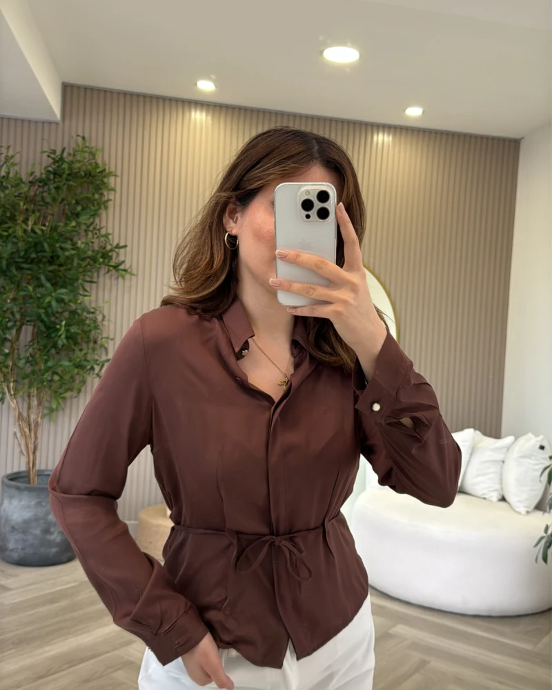 Bağcıklı Dökümlü Gömlek - Kahve - Kod: 124